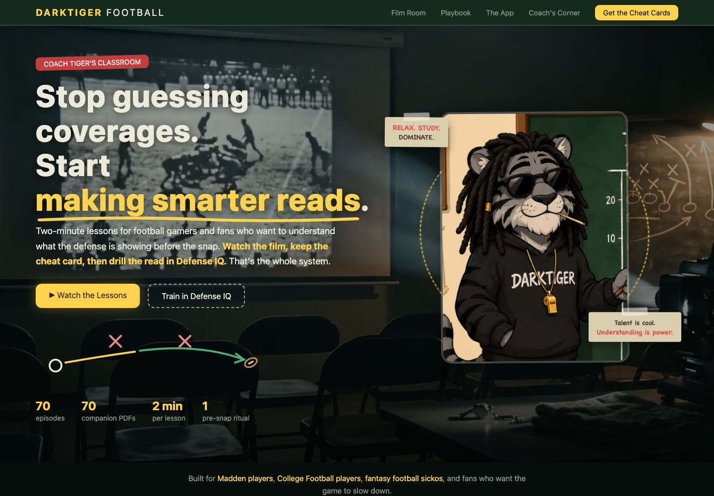 DarkTiger Football classroom site with Coach Tiger and the free lesson library