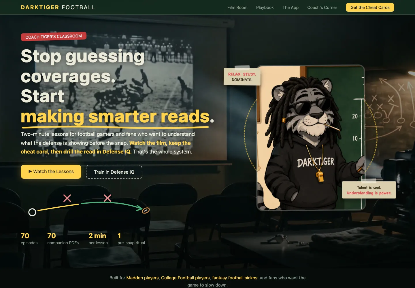 DarkTiger Football classroom site with Coach Tiger and the free lesson library