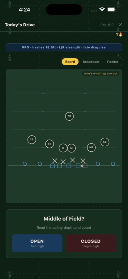 Defense IQ rep screen with a pro-level defensive look and the middle-of-field read