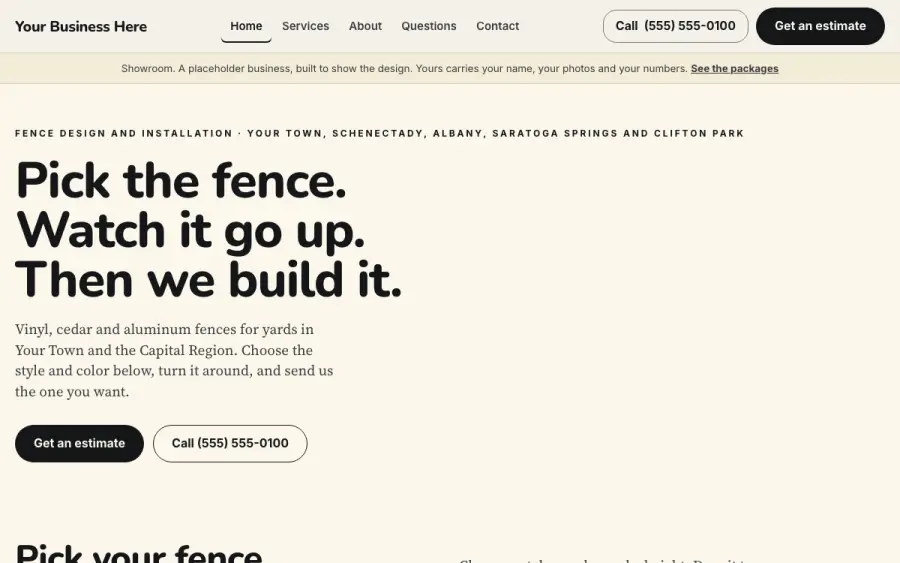 The fence design showroom site, homepage