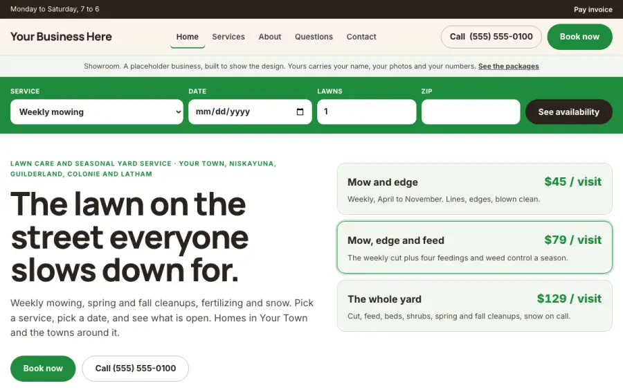 The lawn care showroom site, homepage