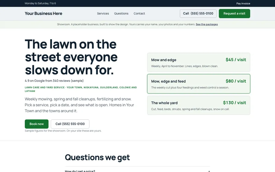 The one-page showroom site, homepage