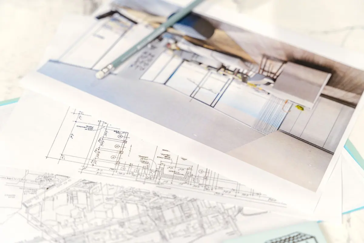 Kitchen drawings and a rendering on paper